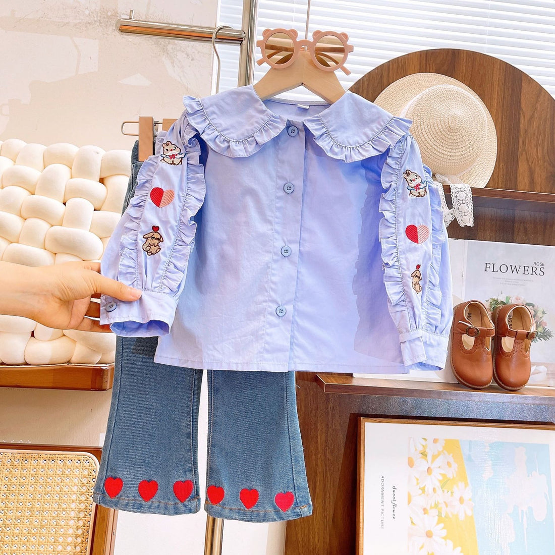 [363729] - Setelan Baju Blouse Ruffles Lengan Panjang Celana Jeans Panjang Fashion Anak Perempuan - Motif Little Heart