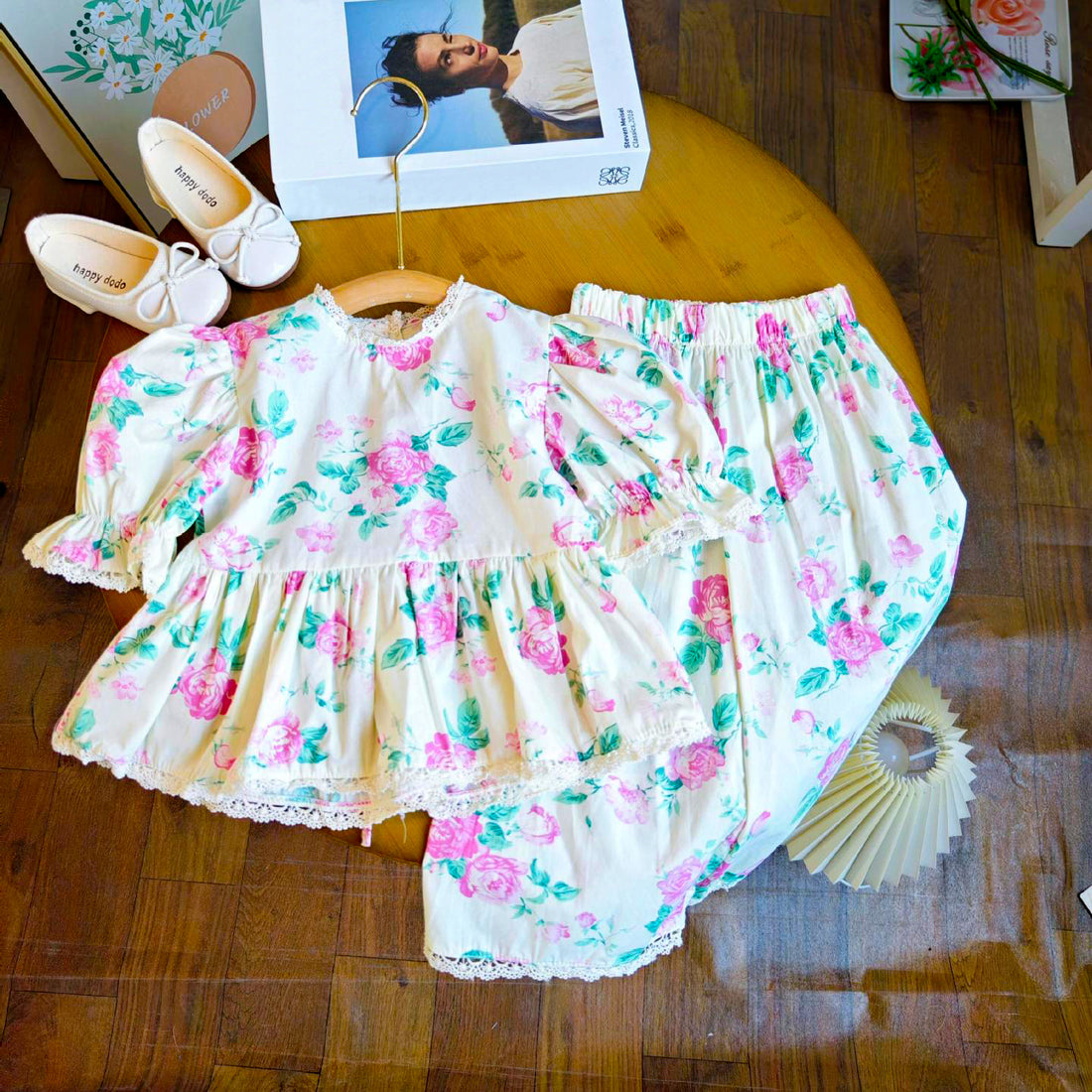[363739] - Setelan Baju Blouse Lengan Pendek Celana Panjang Fashion Anak Perempuan - Motif Flower Lace
