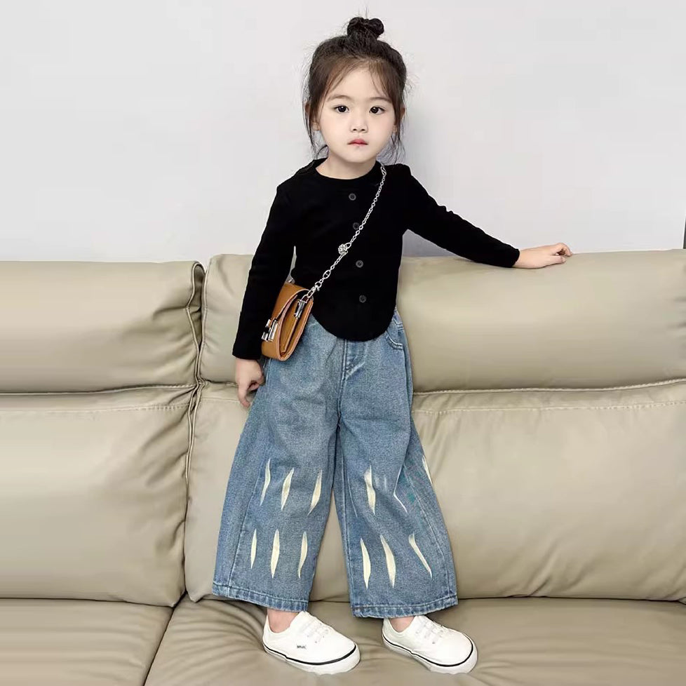 [363740] - Setelan Baju Cardigan Celana Panjang Jeans Fashion Anak Perempuan - Motif Tri Line