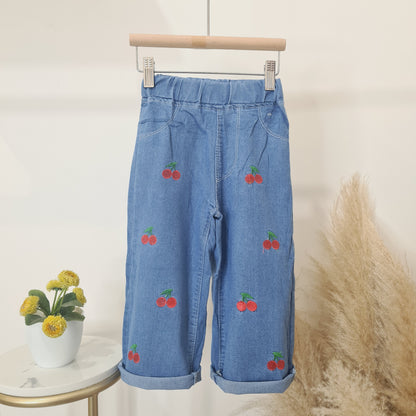 [508214-V1] - Import Celana Panjang Jeans Kulot Bordir Anak Perempuan - Motif Embroidery