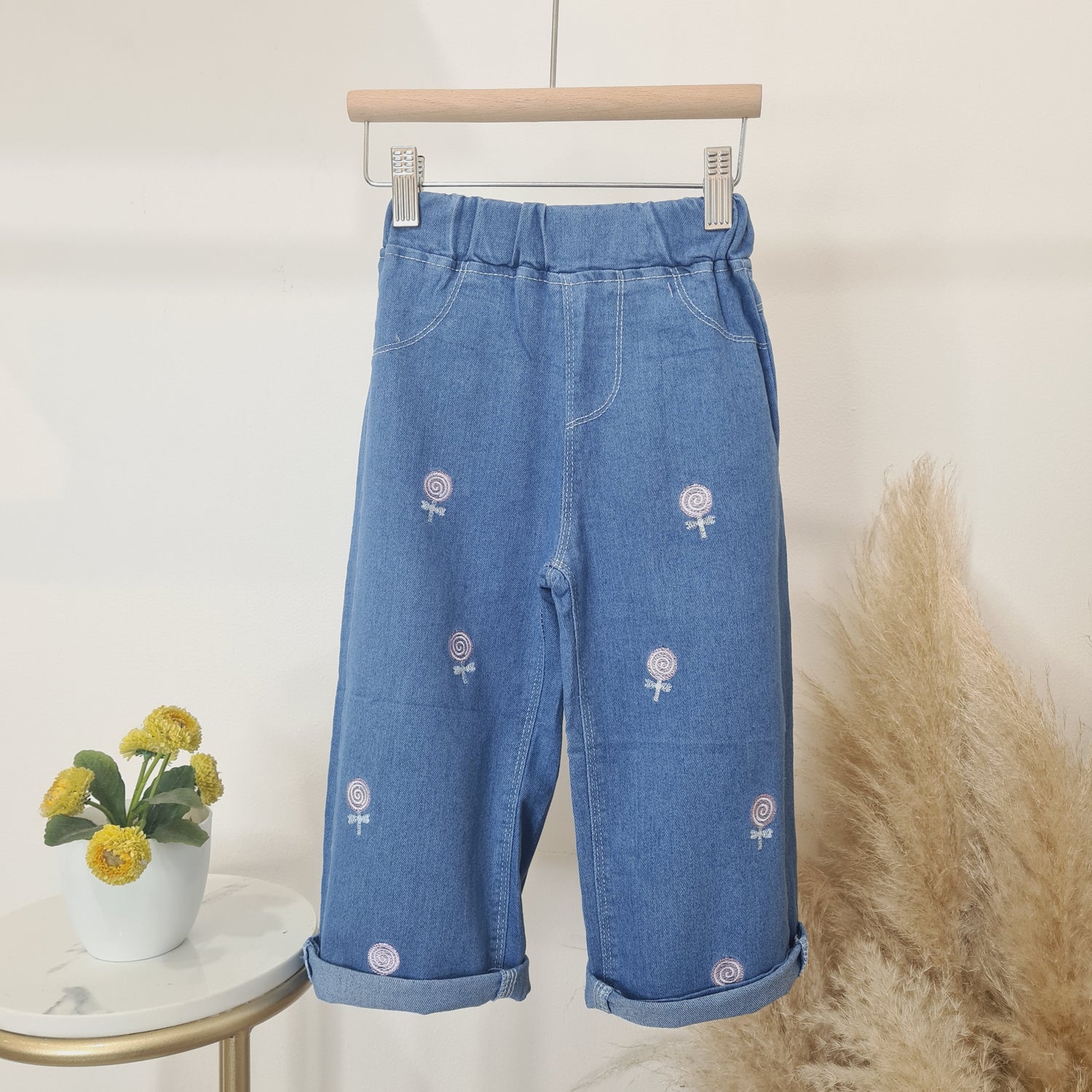 [508214-V1] - Import Celana Panjang Jeans Kulot Bordir Anak Perempuan - Motif Embroidery
