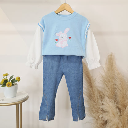 [340338-V1] - Setelan Sweater Blouse Celana Jeans Import Anak Perempuan - Motif Flower Rabbit