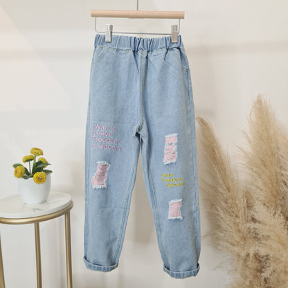 [508210-V1] - Import Celana Panjang Jeans Sobek Anak Perempuan - Motif Torn Writing