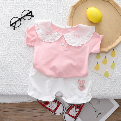 [345449] - Setelan Baju Kaos Kerah Celana Pendek Import Anak Perempuan Fashion - Motif Cute Rabbit