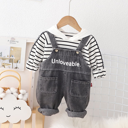 [345481] - Baju Setelan Sweater Overall Jeans Fashion Import Anak Cowok - Motif Unloved Stripe