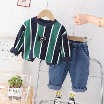 [345483] - Baju Setelan Sweater Celana Jeans Fashion Import Anak Laki-Laki - Motif Seven Striped