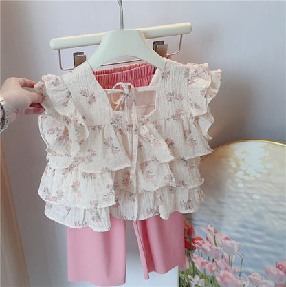 [363679] - Baju Setelan Blouse Kutung Celana Panjang Fashion Anak Perempuan - Motif Bud Flower