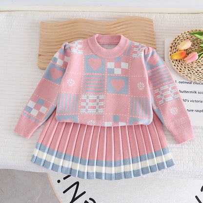 [363692] - Baju Setelan Sweater Rajut Bawahan Rok Fashion Import Anak Perempuan - Motif Love Object