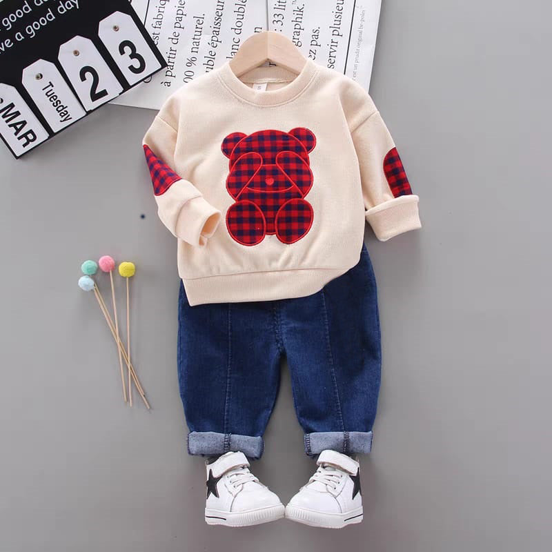 [364137] - Setelan Premium Sweater Anak / Setelan Import - Motif Tartan Bear