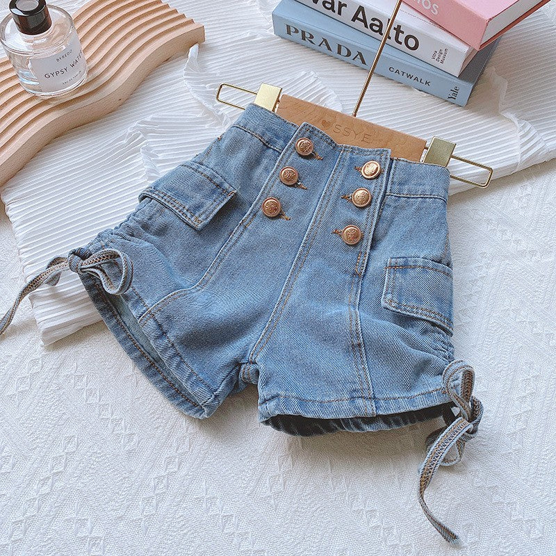 [508221] - Celana Pendek Highwaist Jeans Hotpants Import Anak Perempuan - Motif Side Strap