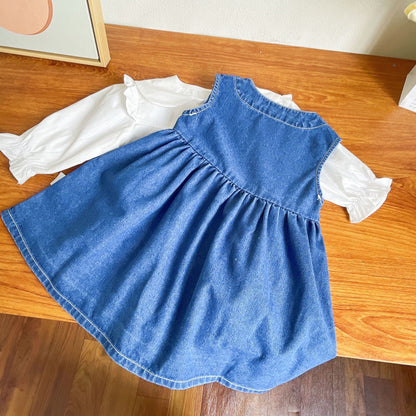[363594] - Setelan Blouse Dress Denim Bordir Import Anak Perempuan - Motif Button Flower