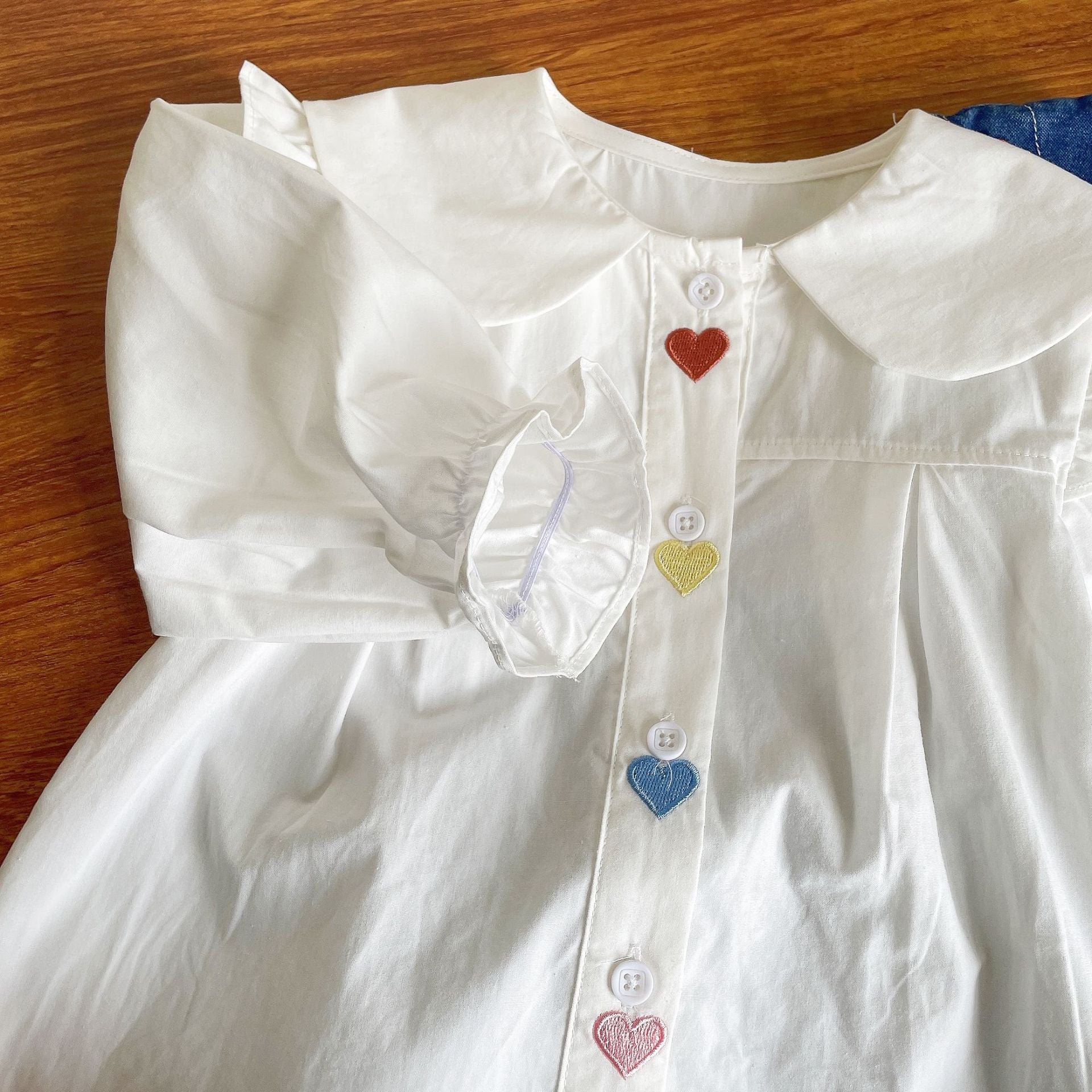 [363594] - Setelan Blouse Dress Denim Bordir Import Anak Perempuan - Motif Button Flower