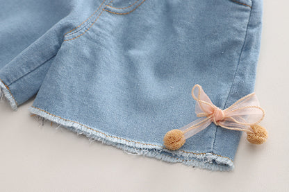 [340403] - Setelan Baju Kaos 3D Celana Pendek Jeans Anak Perempuan Fashion - Motif Plain Rainbow