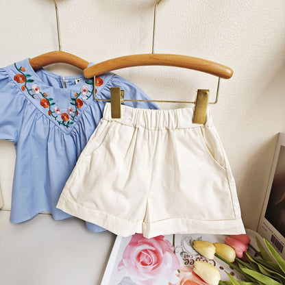 [363648] - Setelan Blouse Celana Pendek Chino Import Anak Perempuan - Motif Collar Flower