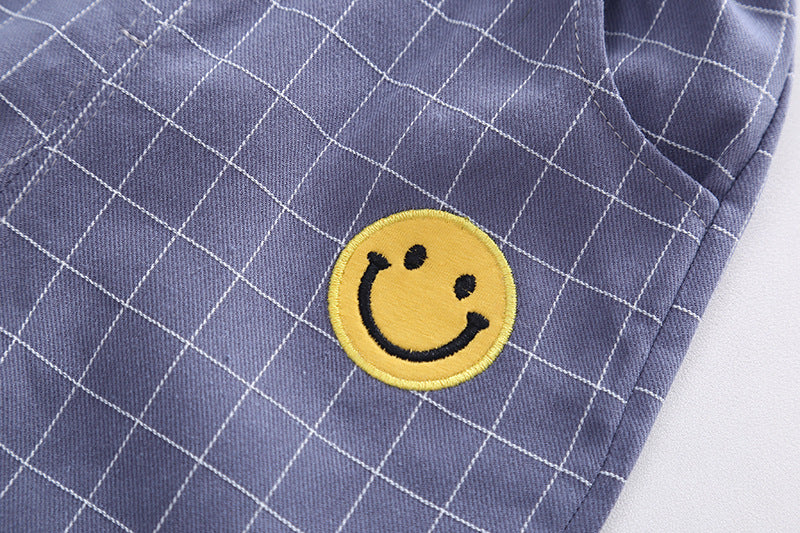 [340299] - Setelan Kaos Lengan Pendek Rompi Celana Pendek Import Anak Cowok - Motif Smile Plaid