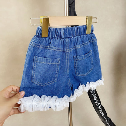 [363647] - Baju Setelan Blouse Kutung Celana Pendek Jeans Fashion Anak Perempuan - Motif Thin Lace