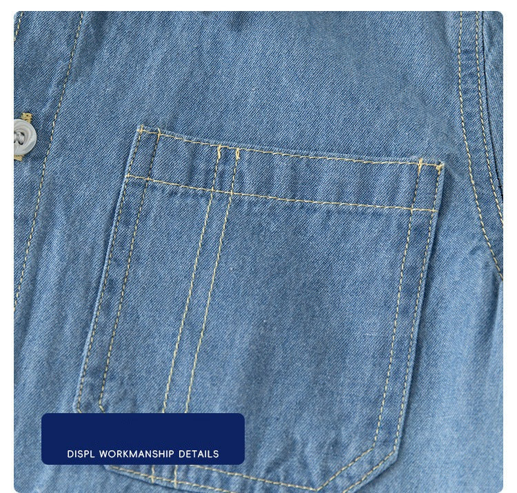 [5131090] - Baju Kemeja Denim Lengan Pendek Fashion Import Anak Laki-Laki - Motif Stitching Texture