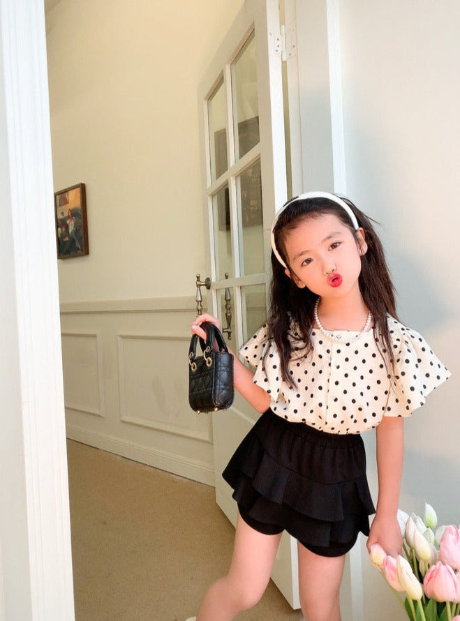 [5071009] - Baju Setelan Blouse Celana Pendek Fashion Import Anak Perempuan - Motif Little Polkadots
