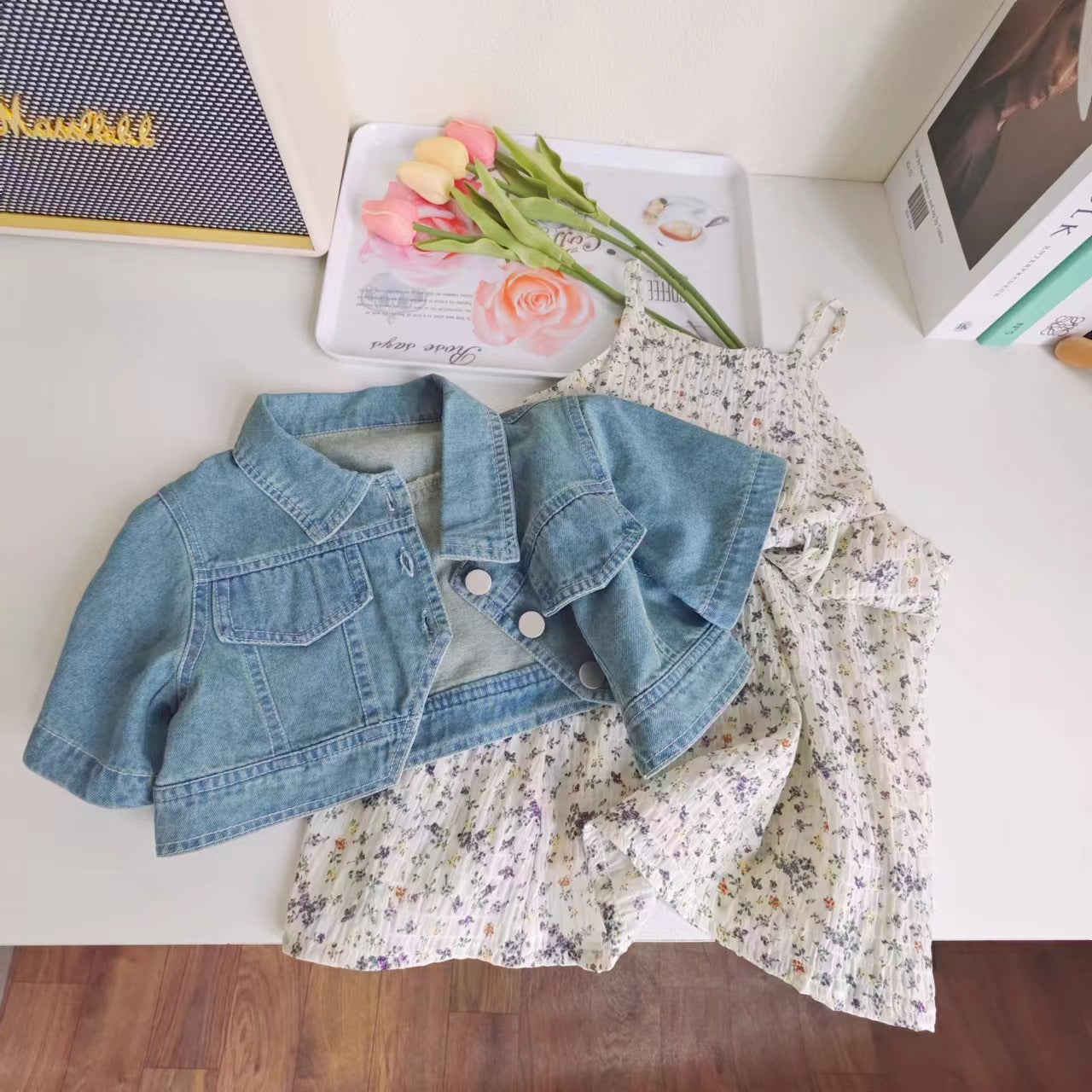 [363680] - Baju Setelan Jaket Jeans Crop Inner Dress Fashion Anak Perempuan - Motif Edge Flower