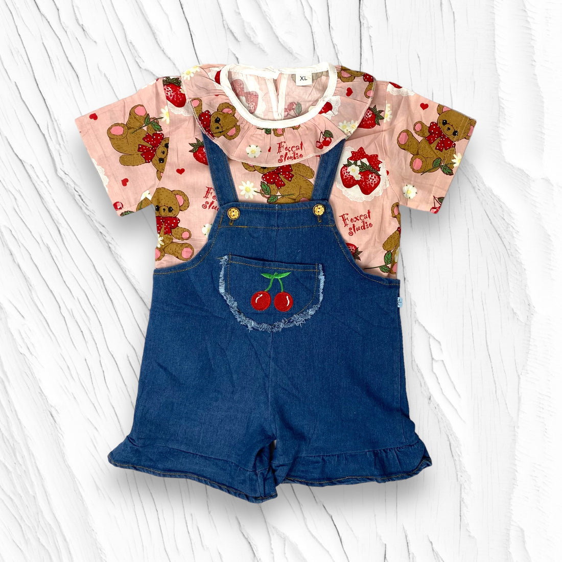 [340341-V1] - Baju Setelan Blouse Kaos Overall Fashion Import Anak Perempuan - Motif Ribbon Bear