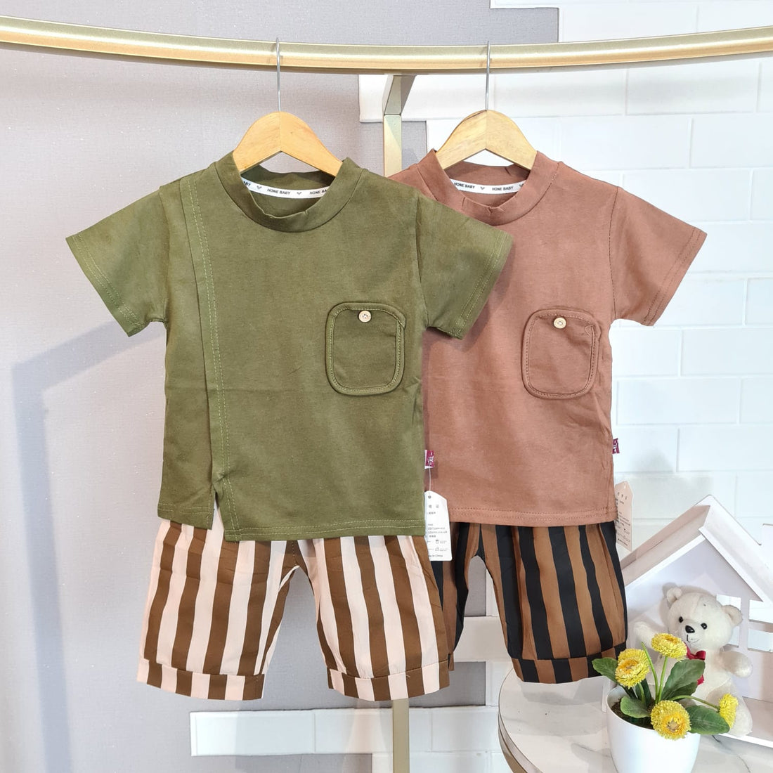 [345469-V1] - Baju Setelan Kaos Polos Celana Belang Fashion Import Anak Laki-Laki - Motif Plain Striped