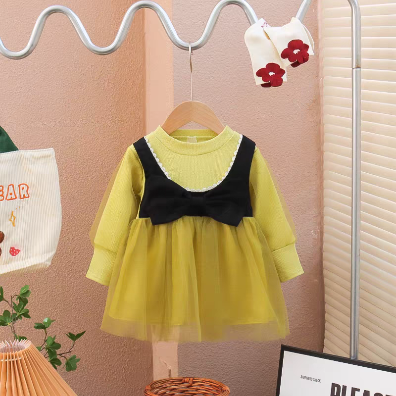 [340356-V1] - Baju Mini Dress Lengan Panjang Import Anak Perempuan Fashion - Motif Plain Ribbon