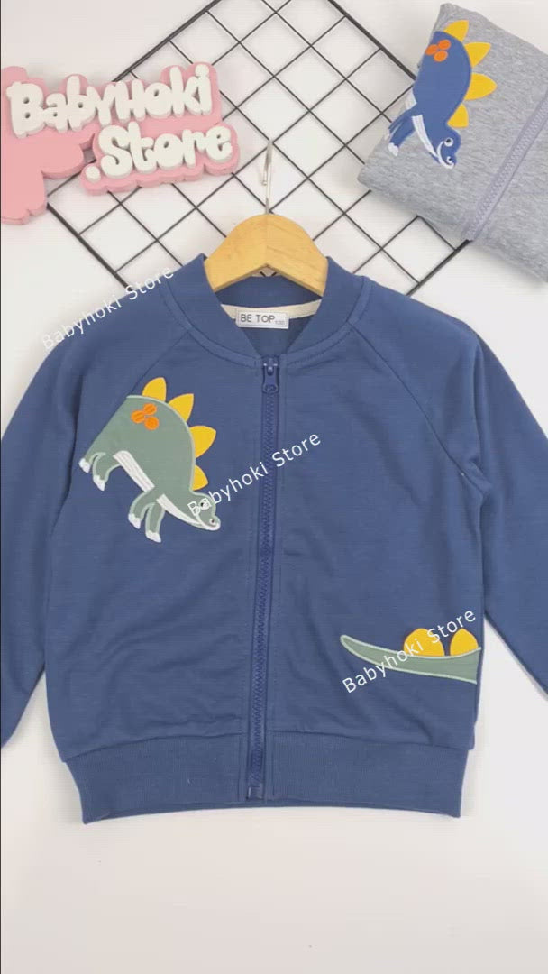 [370197-GRAY] - Atasan Jaket Trendi Anak Import - Motif Friendly Stegosaurus