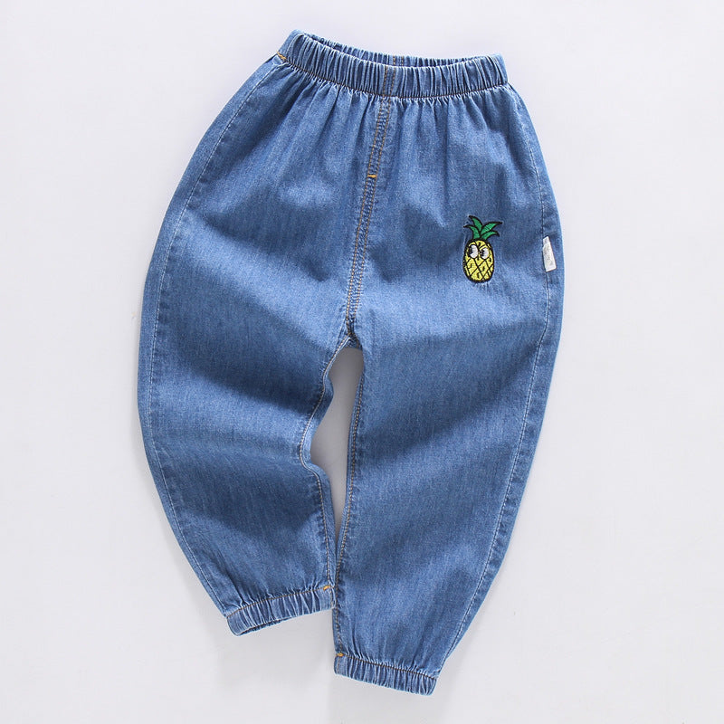 [119232-BLUE PINEAPPLE] - Celana Panjang Jeans Anak Casual Import - Motif Bordir Pineapple Face (digabung ke 119235-Denim Rips)