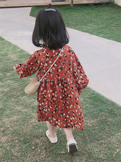 [363312-BRICK RED] - Dress Fashion Anak Perempuan Import - Motif Abstract Color