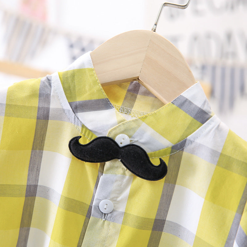 [368282-YELLOW] - Setelan Kemeja Suspender Anak Import - Motif Mustache Tie