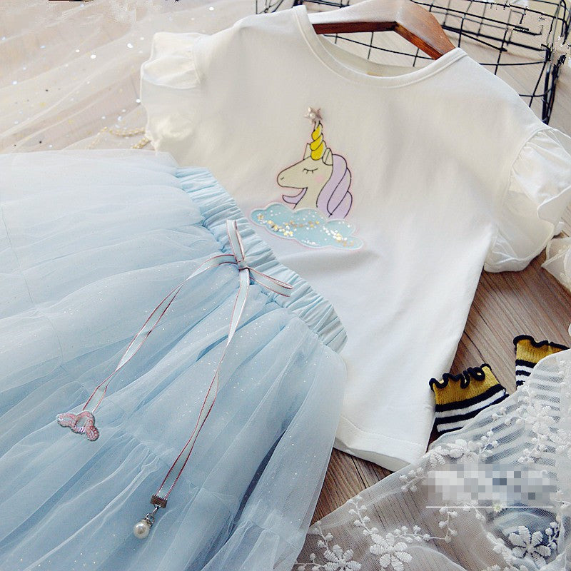 [363260-WHITE BLUE] - Setelan Import Fashion Trend Anak Perempuan - Motif Unicorn Tutu