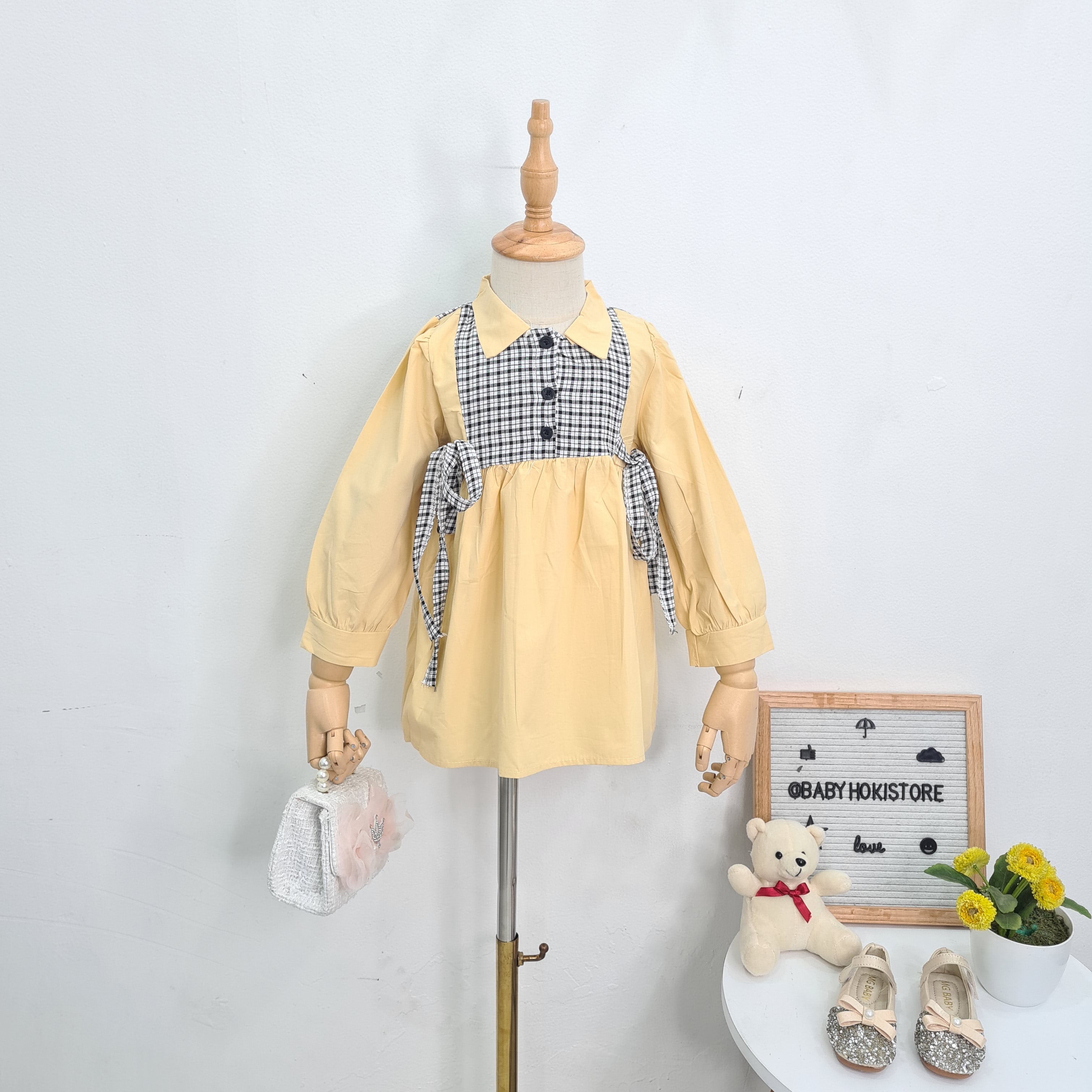 [001382] - Dress Lengan Panjang Kerah Casual Anak Perempuan Import - Motif Middle Box