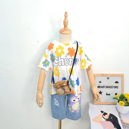 [001383] - Setelan Kaos Bunga Celana Pendek Jeans Sobek Anak Perempuan - Motif Flower Bunny