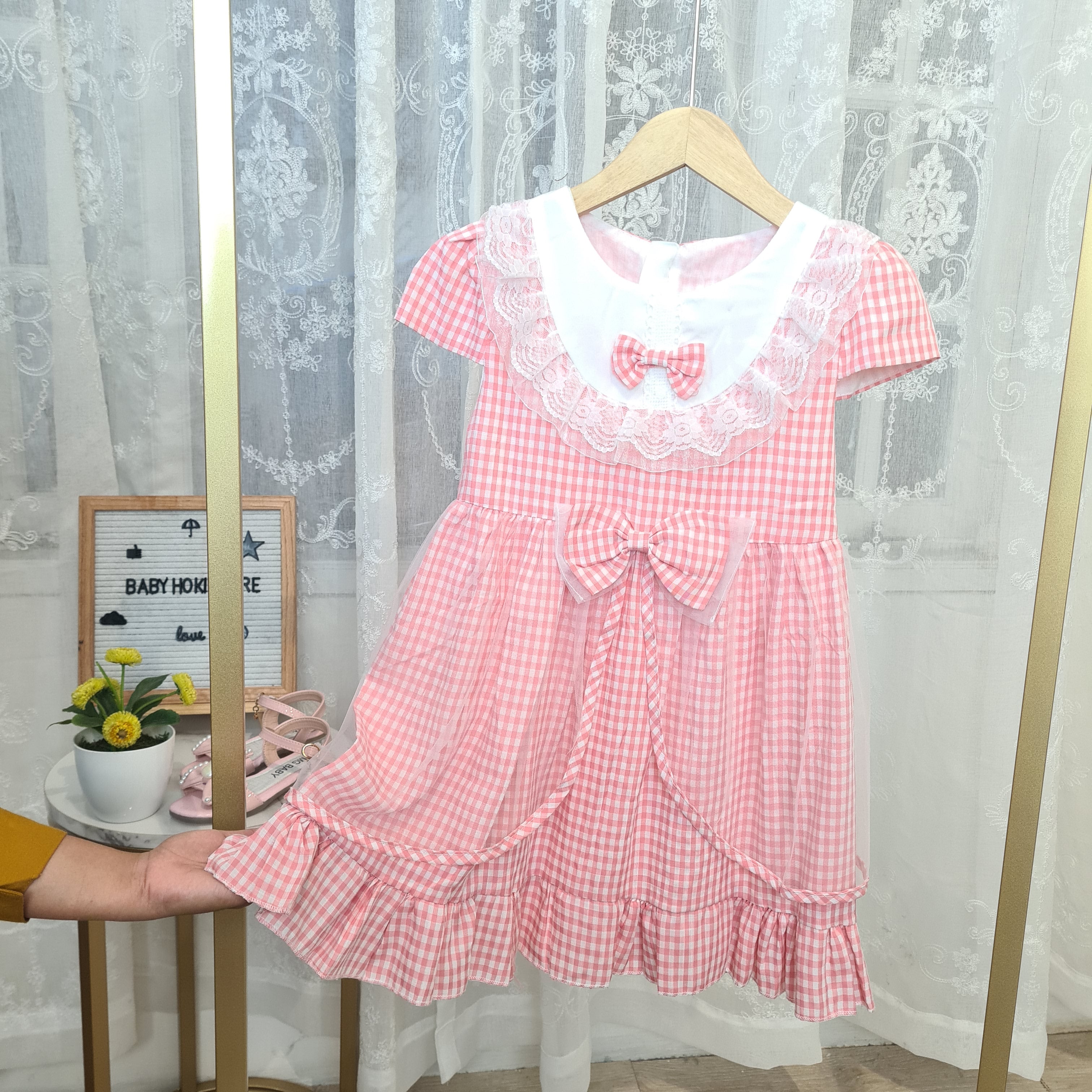 [001443] - Dress Renda Lengan Pendek Import Anak Perempuan - Motif Square Lace