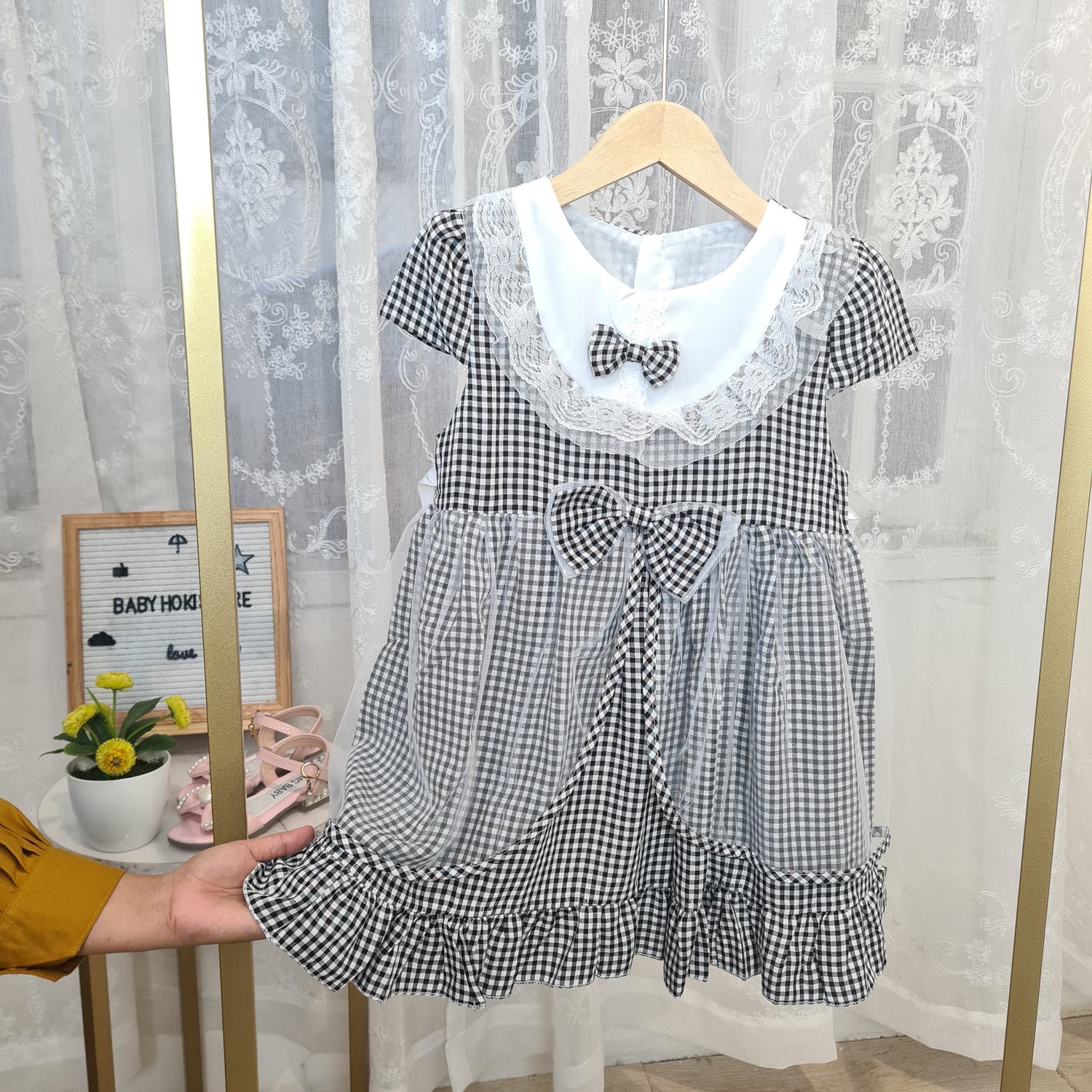 [001443] - Dress Renda Lengan Pendek Import Anak Perempuan - Motif Square Lace