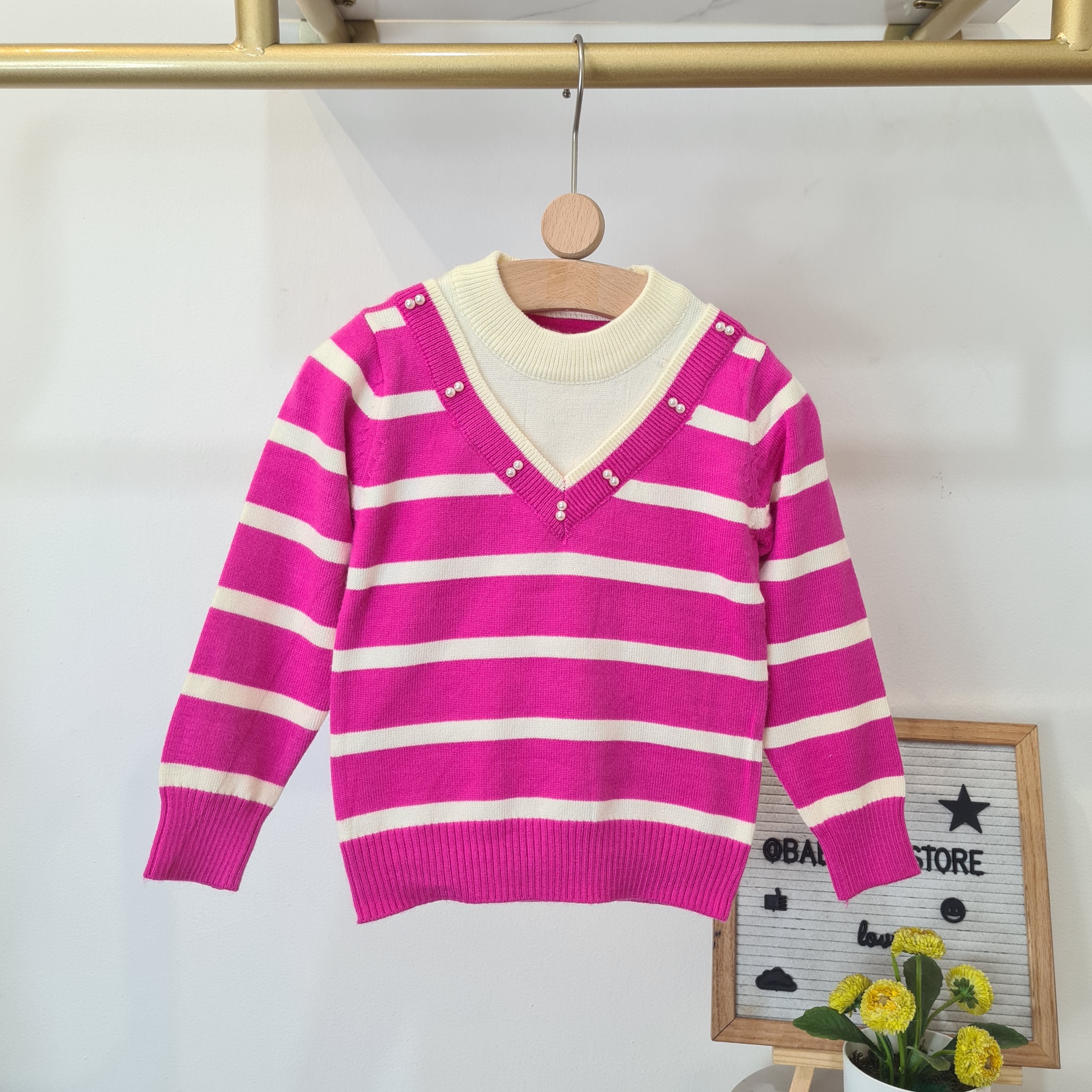 [001463] - Atasan Sweater Rajut Lengan Panjang Import Anak Perempuan - Motif Mixed Stripes