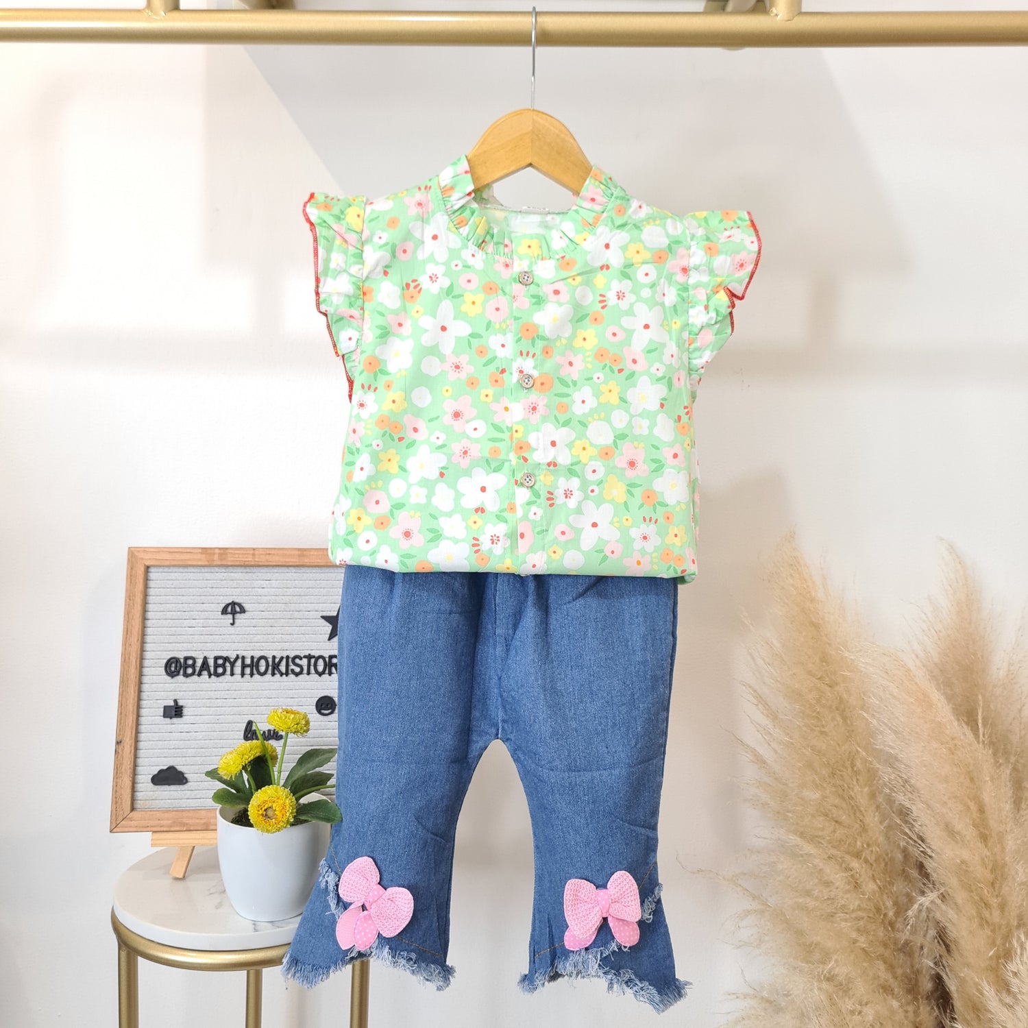 [001458] - Setelan Blouse Kutung Celana Jeans Denim Import Anak Perempuan - Motif Flower
