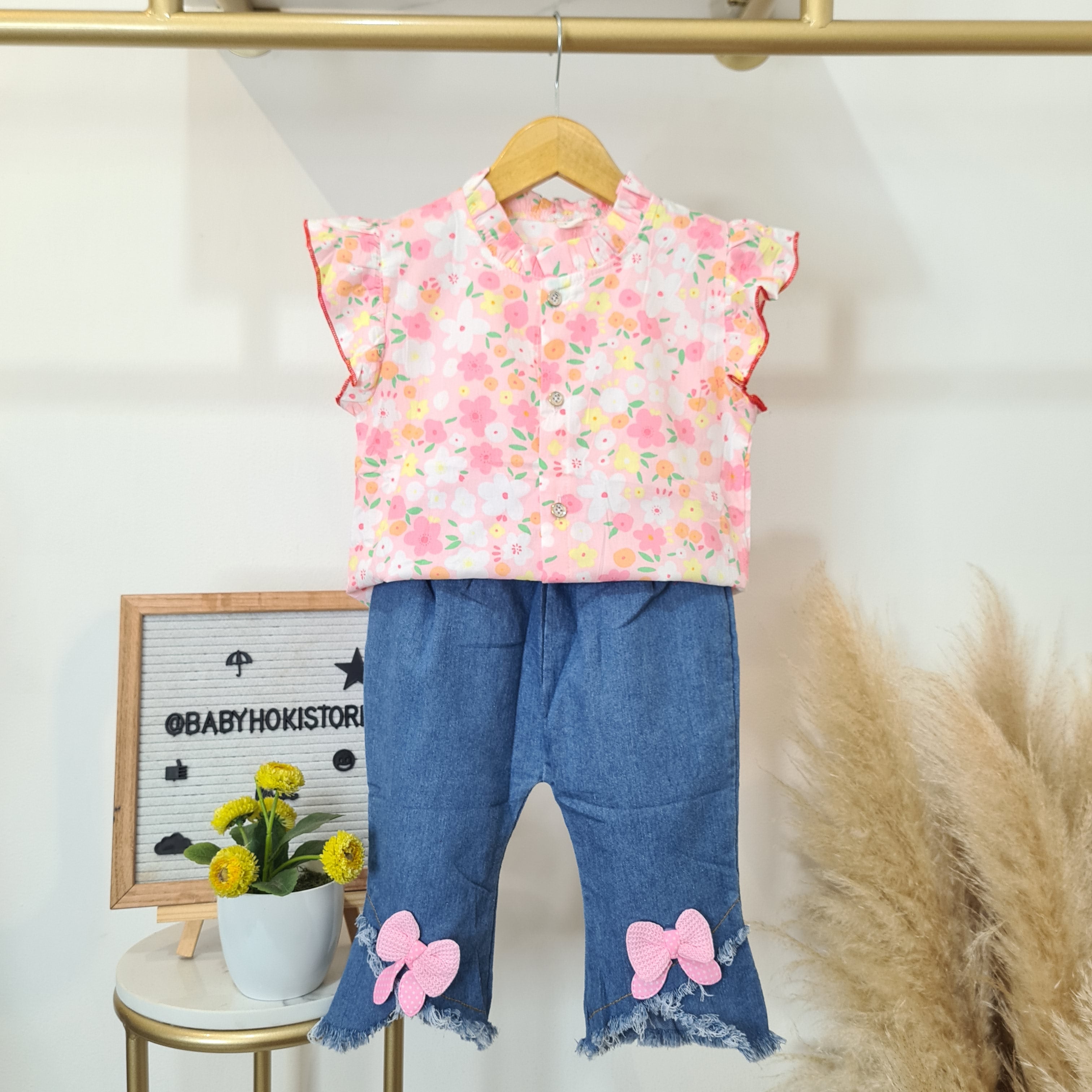 [001458] - Setelan Blouse Kutung Celana Jeans Denim Import Anak Perempuan - Motif Flower
