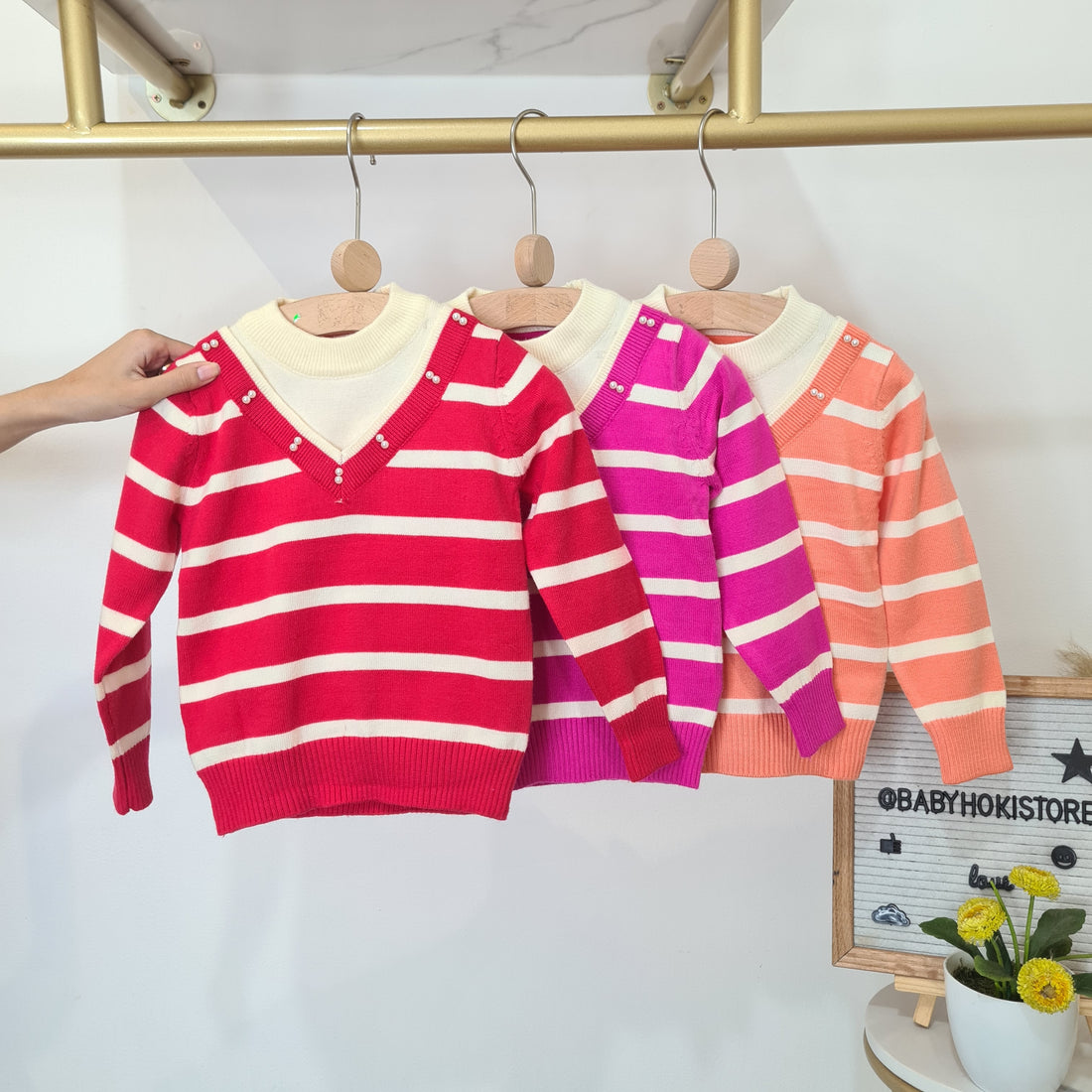 [001463] - Atasan Sweater Rajut Lengan Panjang Import Anak Perempuan - Motif Mixed Stripes