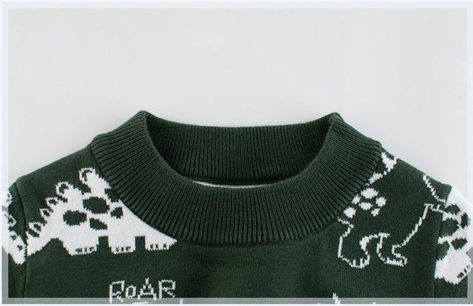 [121260-GREEN] - Atasan Sweater Rajut Anak Import - Motif Dino Roar