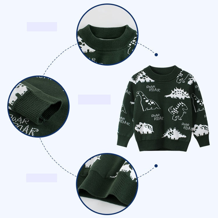 [121260-GREEN] - Atasan Sweater Rajut Anak Import - Motif Dino Roar