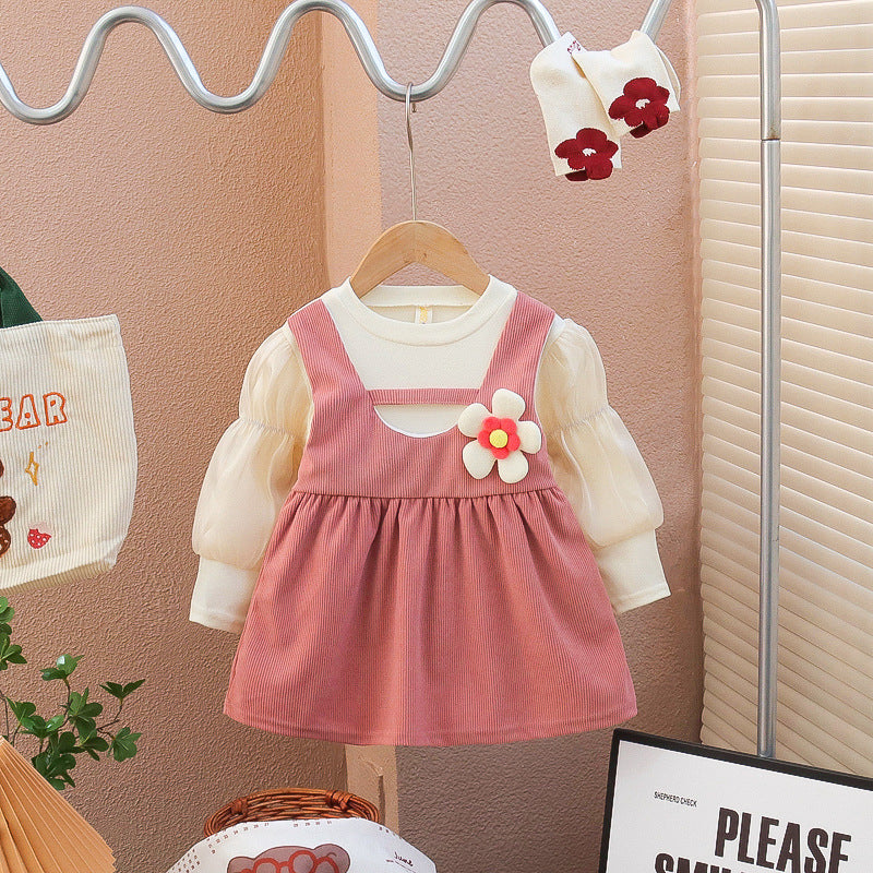 [352366] - Mini Dress Lengan Panjang Import Anak Perempuan - Motif Paste Flowers