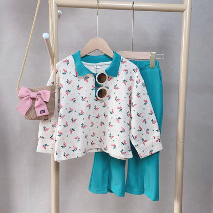 [363579] - Setelan Blouse Kerah Polo Celana Kulot Import Anak Perempuan - Motif Little Plant