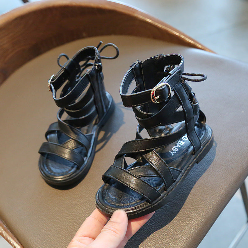 [381114-BLACK] - Sepatu Sandal Flat Boots Anak Import - Motif Webbing Straps