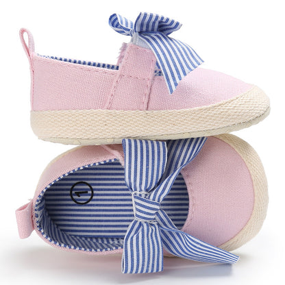 [105306-PINK] - Sepatu Bayi Slip On Prewalker Import - Motif Stripe Ribbon