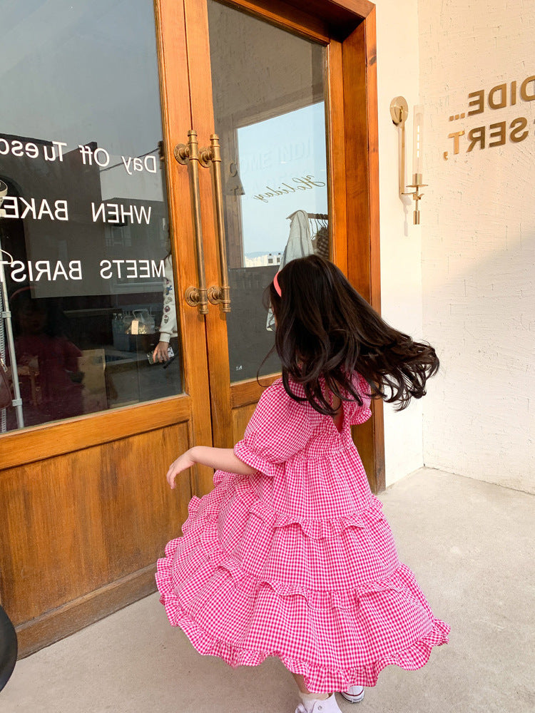 [507225-PINK] - Dress Import Fashion Anak Perempuan - Motif Gingham Lace