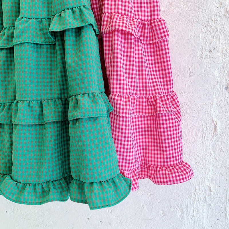 [507225-PINK] - Dress Import Fashion Anak Perempuan - Motif Gingham Lace