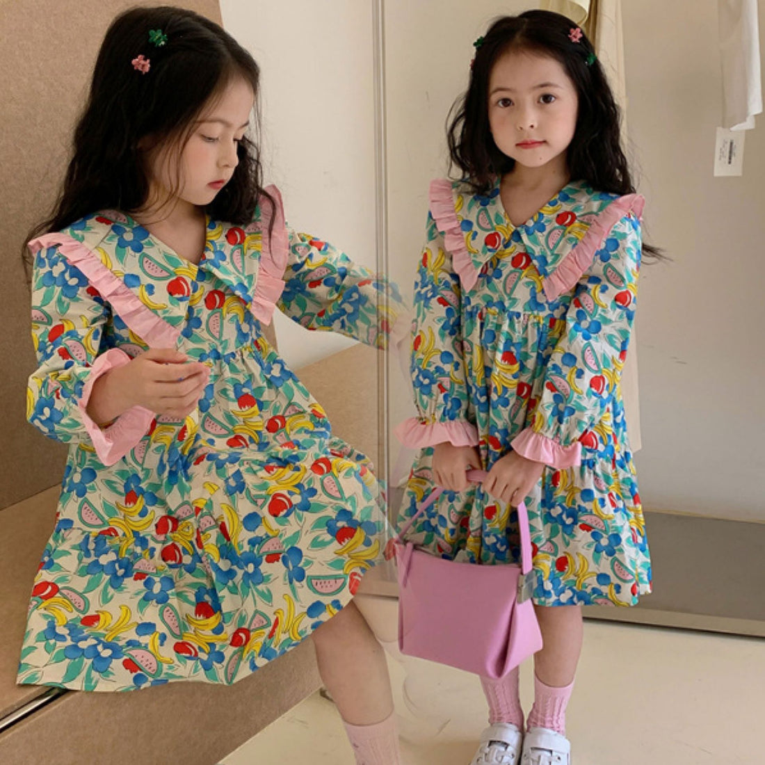 [507691] - Dress Kerah Lengan Panjang Import Anak Perempuan - Motif Fruit Flowers