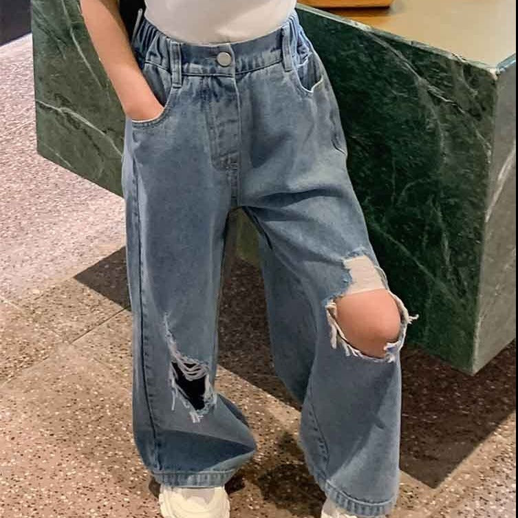 [507243] - Celana Kulot Jeans Sobek Anak Perempuan Import - Motif Ripped Jeans