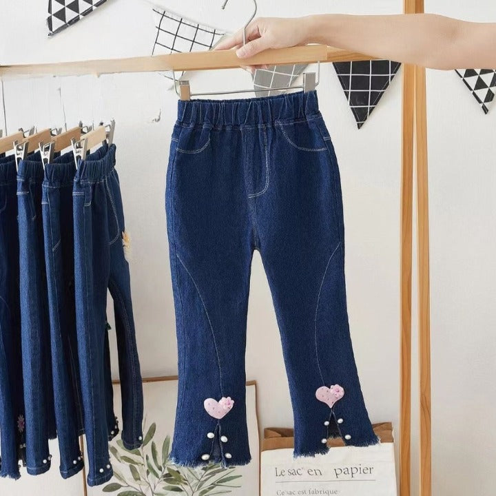 [001425] - Bawahan Celana Panjang Jeans Cutbray Import Anak Perempuan - Motif Pearl Heart